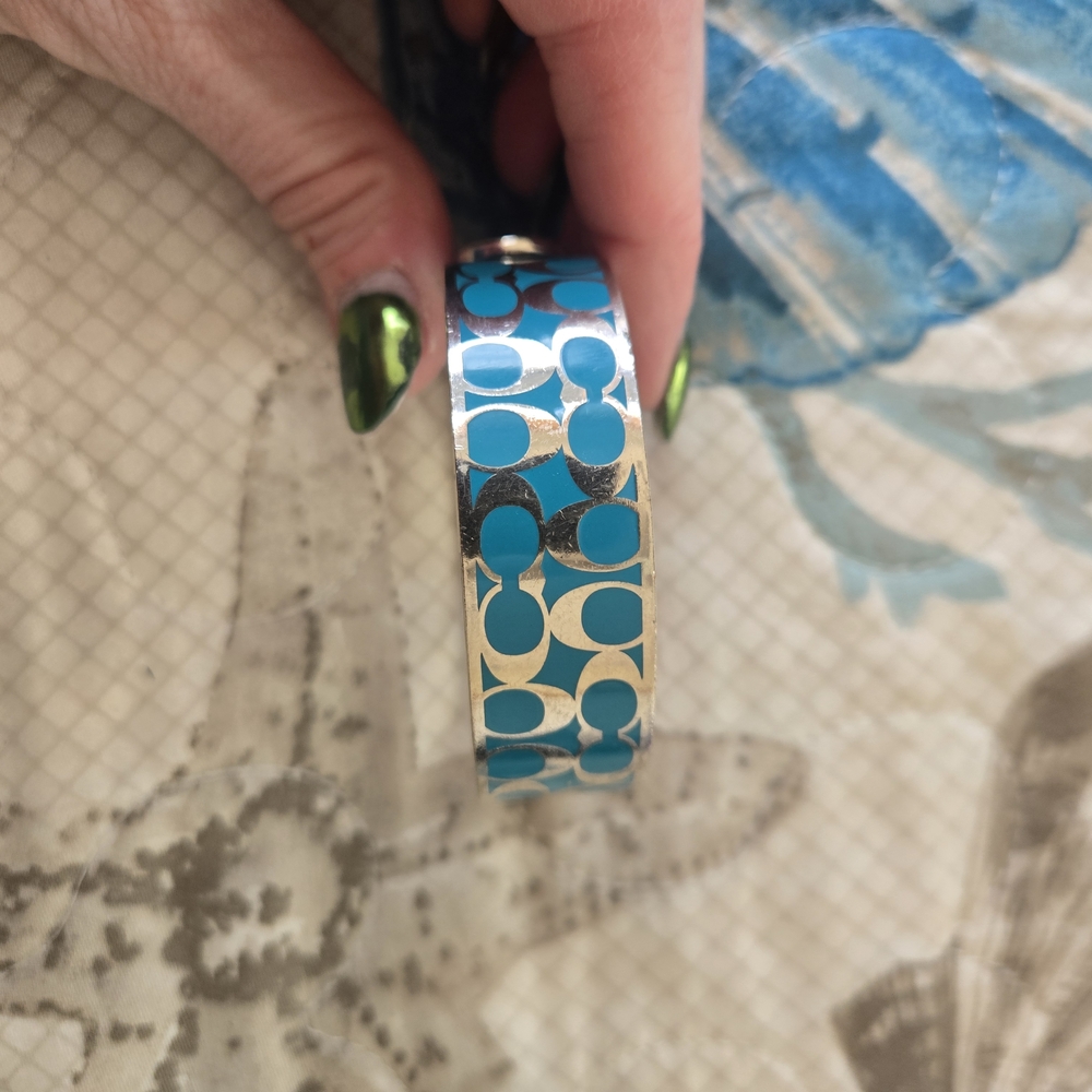 Coach Turquoise and Silver Enamel C-Logo Bangle Bracelet